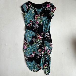 Vintage Peacock Feather Floral Ruched Dress